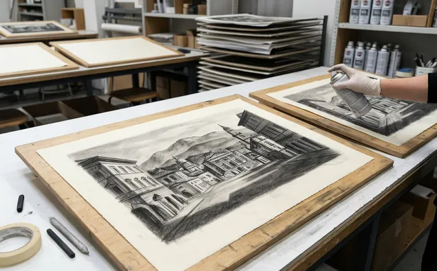 Soft charcoal drawing on textured paper with rich tonal range