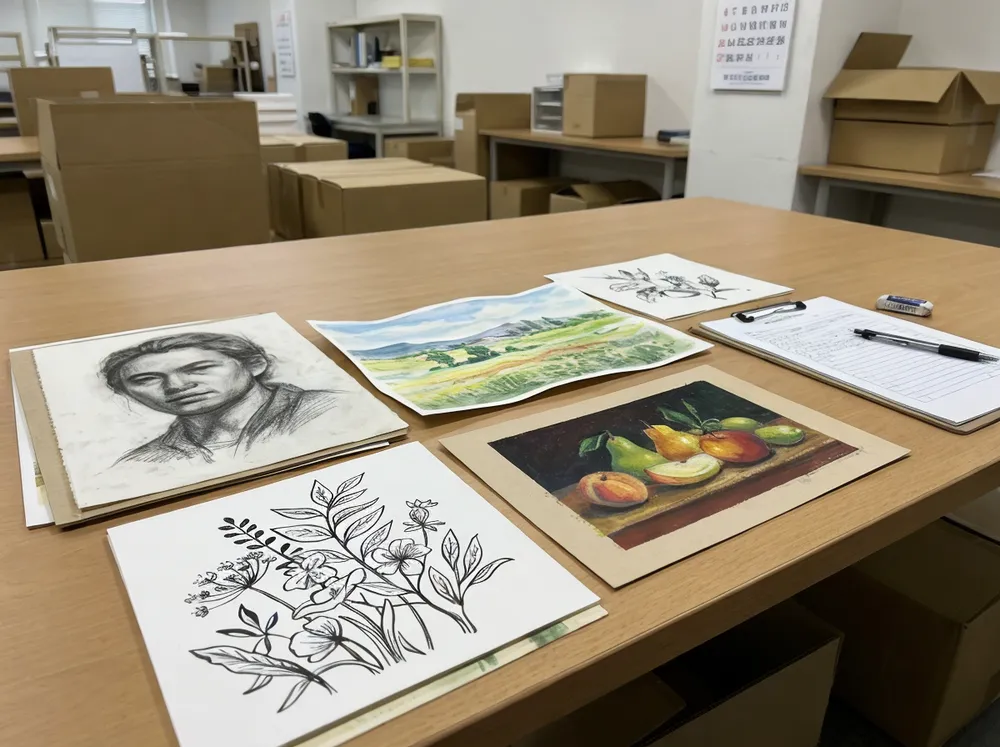 Drawing sample set with multiple media types ready for evaluation