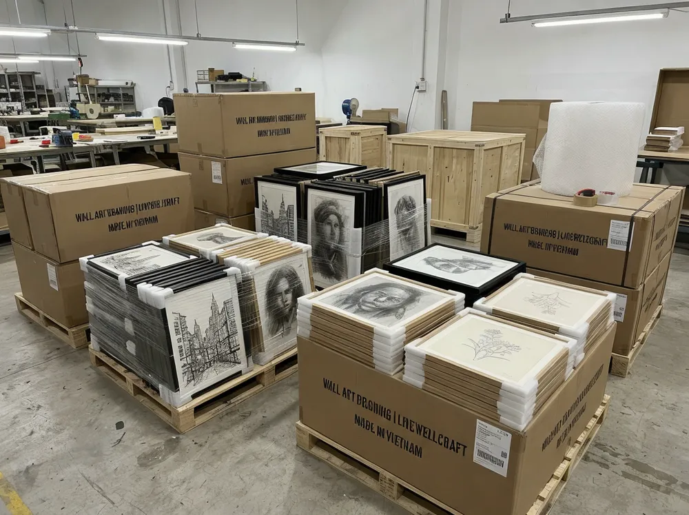 Collection of ink, charcoal, and pencil wall art drawings framed and ready for export