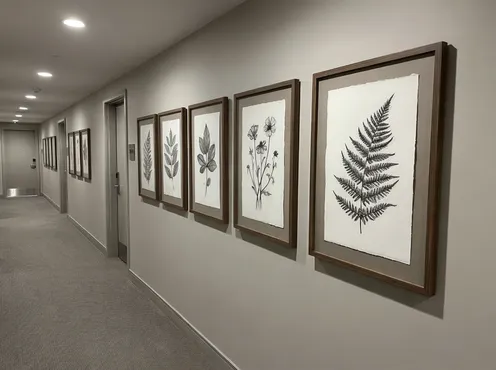 Charcoal botanical drawings in hotel corridor installation