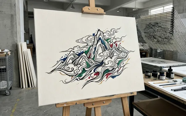 Black and colored ink drawing on archival canvas showing clean lines and high contrast