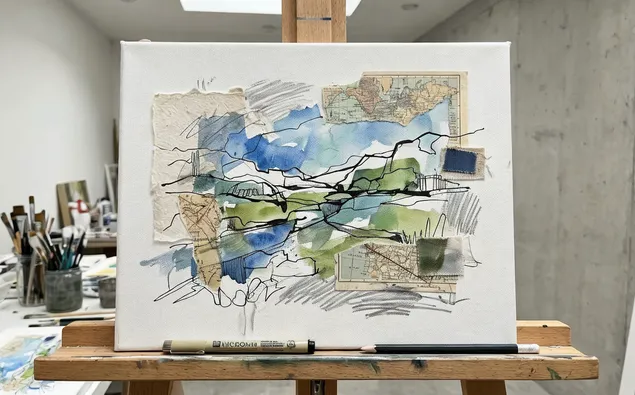 Mixed-media drawing combining ink, watercolor wash, and collage elements on canvas