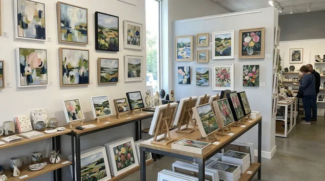 Small-format paintings displayed in gift shop and gallery setting