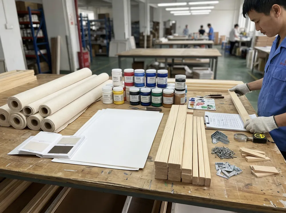 Canvas, paint, and stretcher frame components laid out for inspection