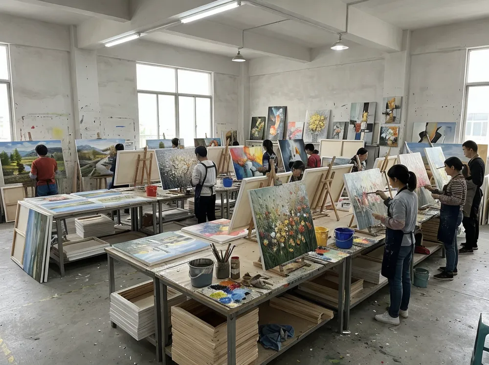 Hand-painted acrylic and oil wall art on canvas — factory production