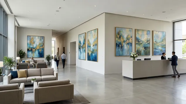 Large-format paintings in hotel lobby and commercial interior