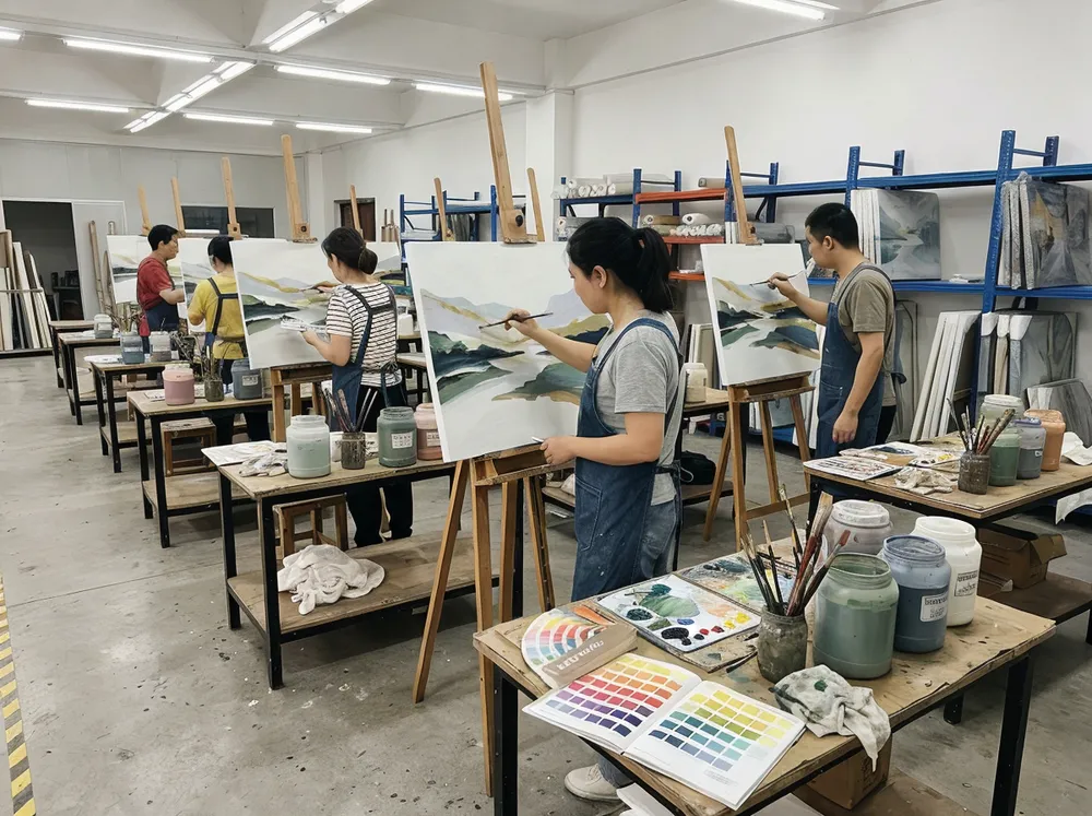 Painting production stations with artists working on canvas batches