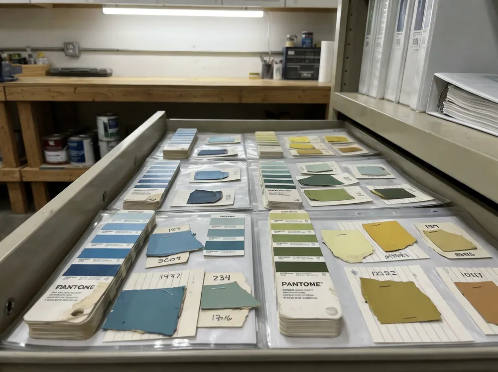 Pantone color reference cards and dried paint chips in sample archive