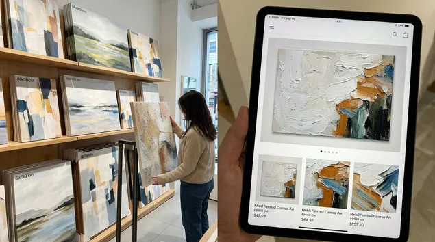 Hand-painted wall art displayed in retail and e-commerce settings