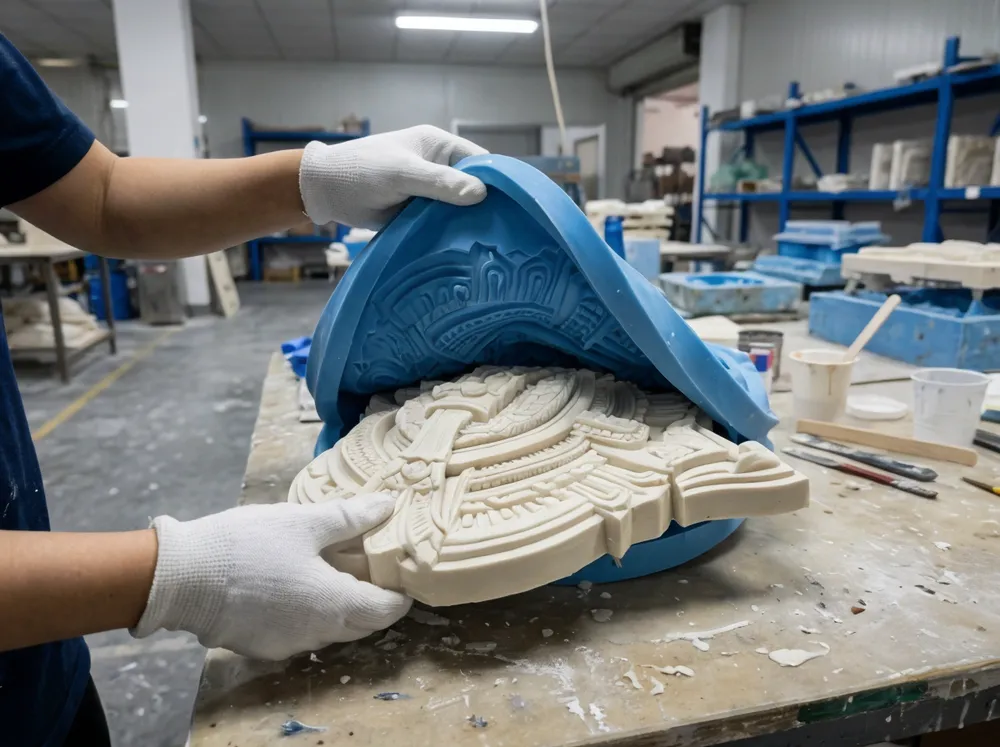 Cast resin sculpture being removed from silicone mold showing fine detail reproduction