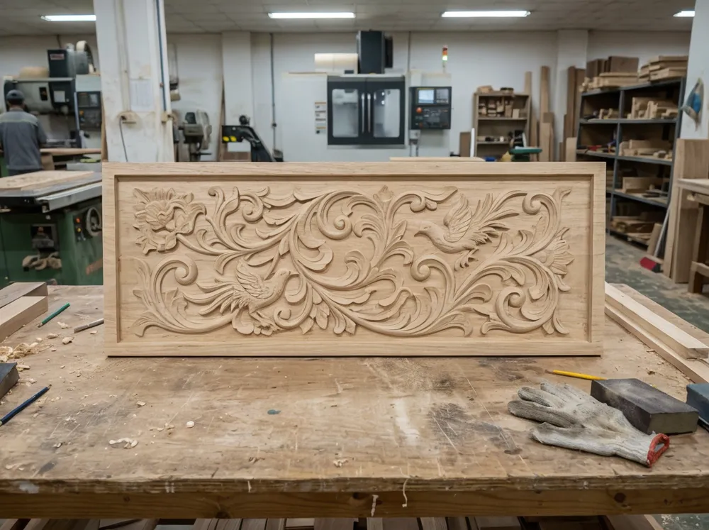 CNC-carved rubberwood relief panel with hand-sanded finish ready for staining