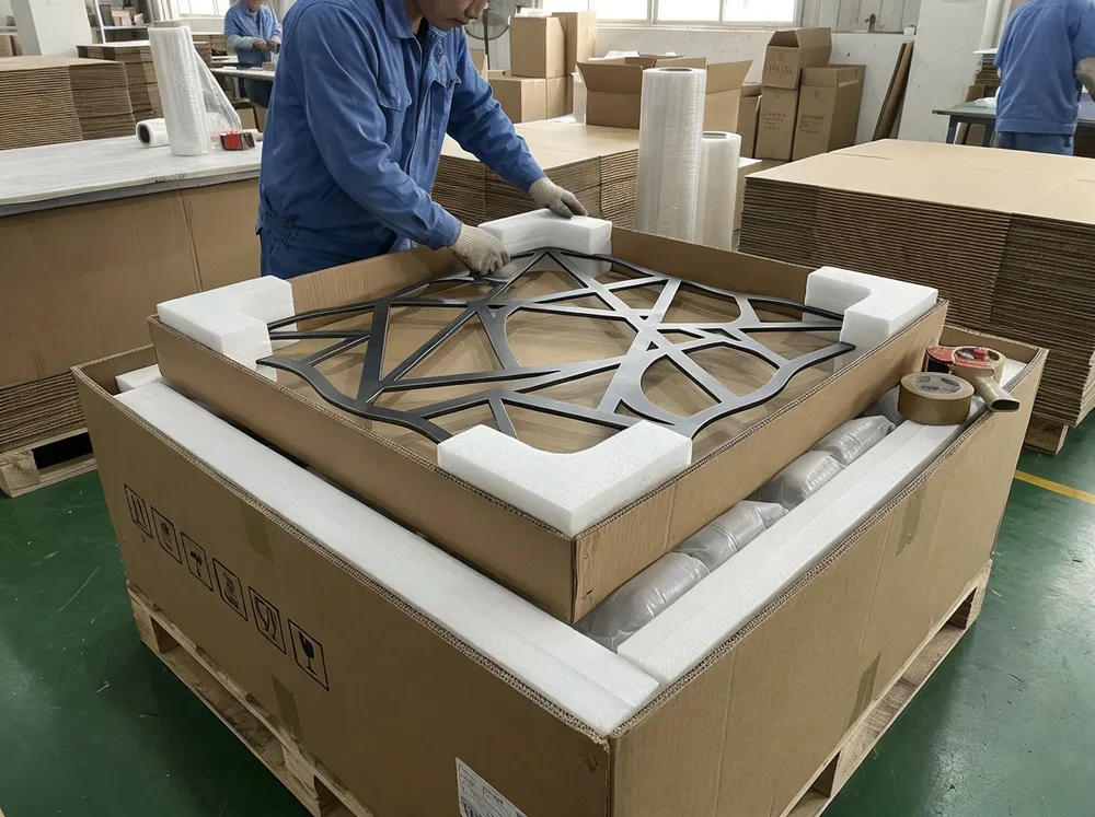 CNC-cut polyfoam corner protectors custom-contoured to sculpture profile for maximum protection