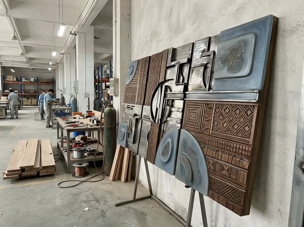 Dimensional wall arts sculpture in cast resin, welded metal, and carved wood materials