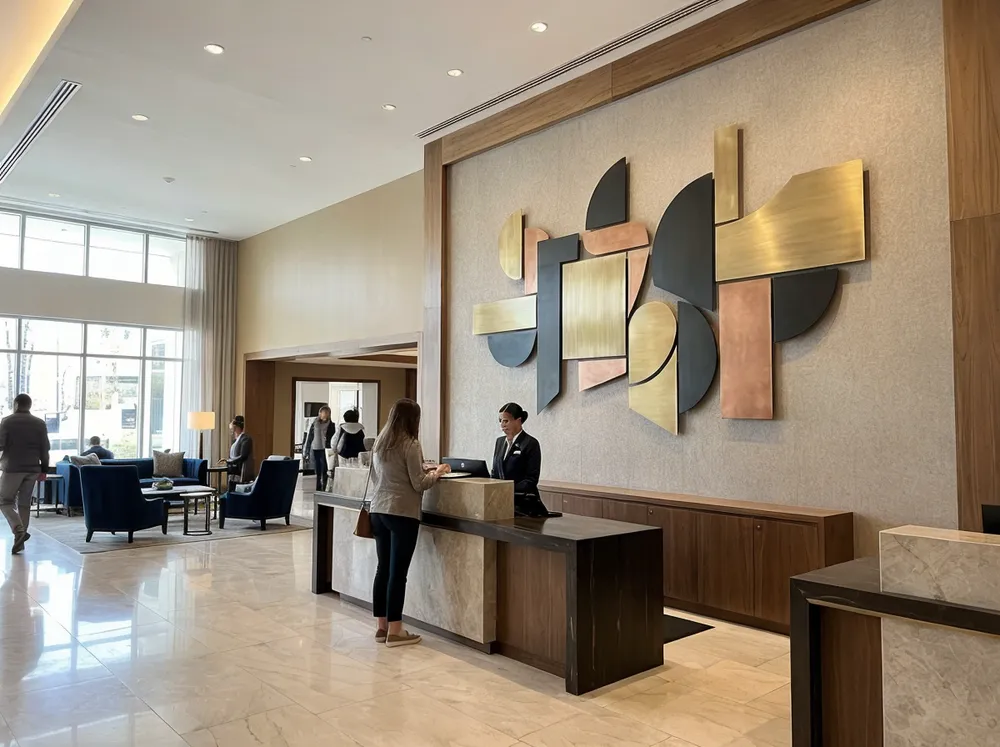 Wall sculpture installation in hotel lobby with custom sizing and finish matching