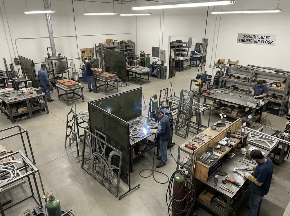 Livewellcraft sculpture production floor with casting, welding, and carving stations