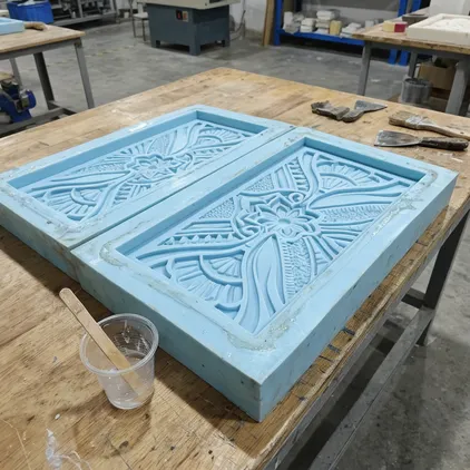 Open silicone mold showing negative cavity for relief sculpture